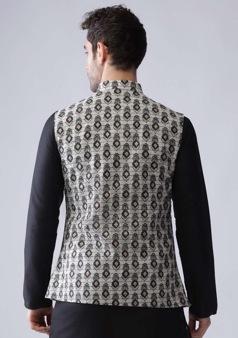 Grey Printed Cotton Blend Nehru Jacket For Men - Indya