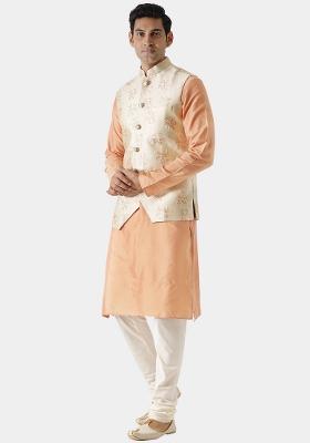 Beige Woven Design Cotton Blend Nehru Jacket For Men