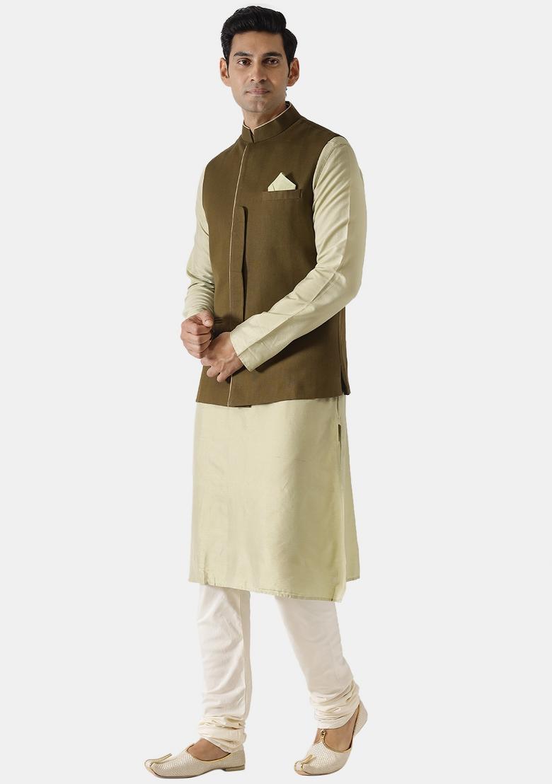Green Solid Cotton Blend Nehru Jacket For Men