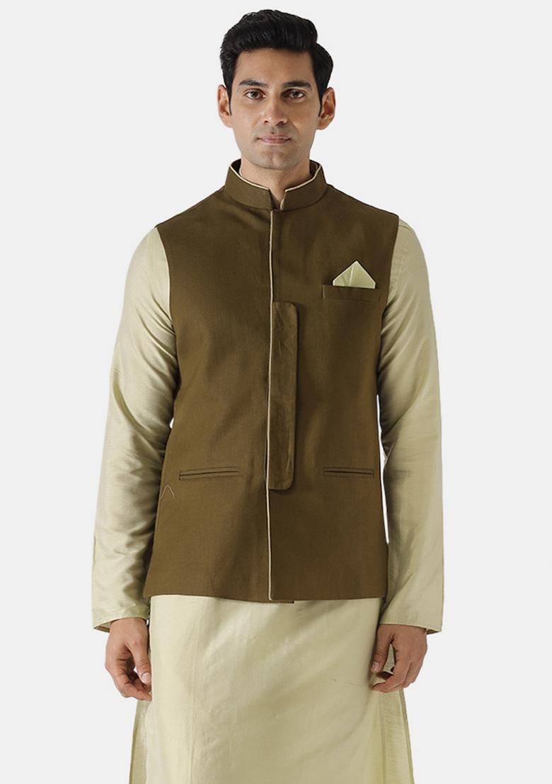 Green Solid Cotton Blend Nehru Jacket For Men
