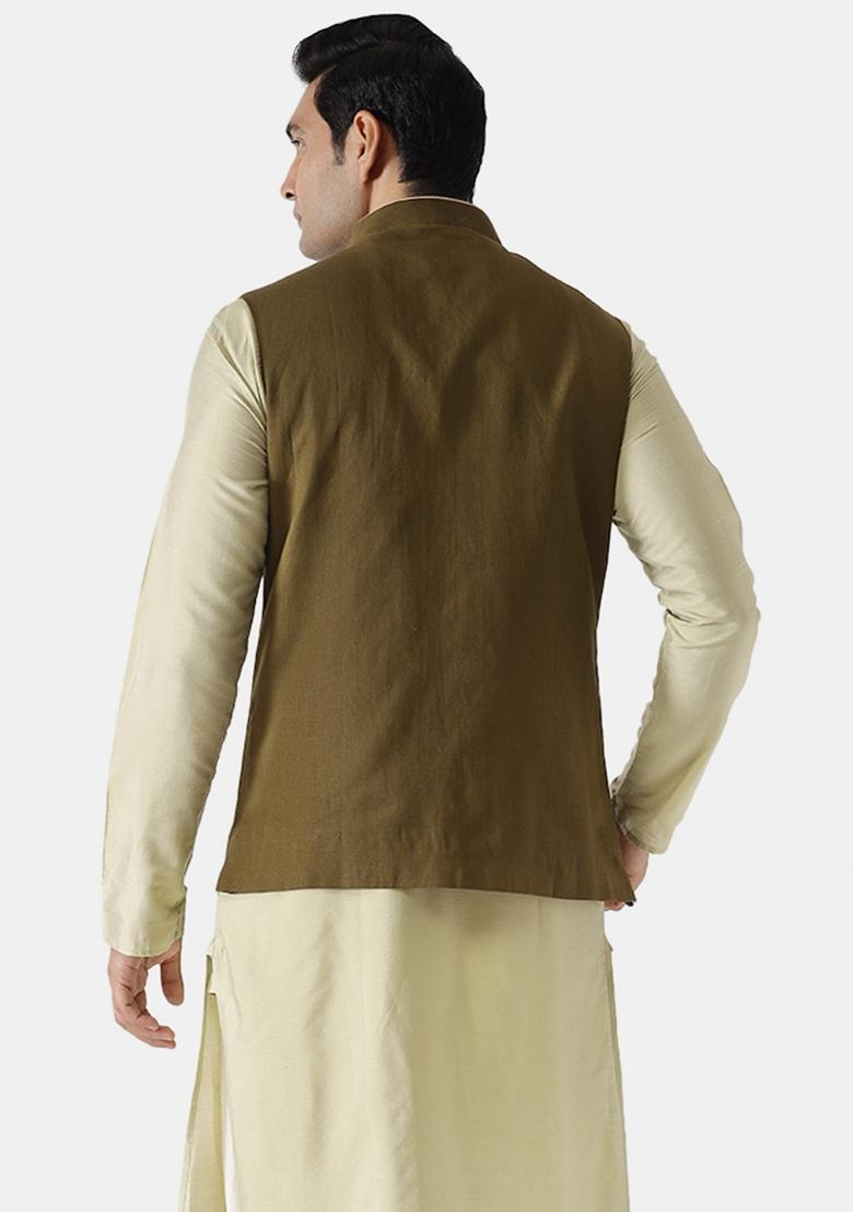 Green Solid Cotton Blend Nehru Jacket For Men