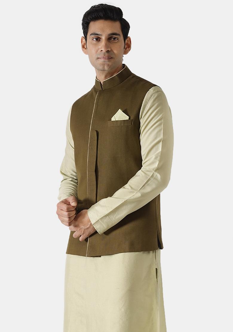 Green Solid Cotton Blend Nehru Jacket For Men