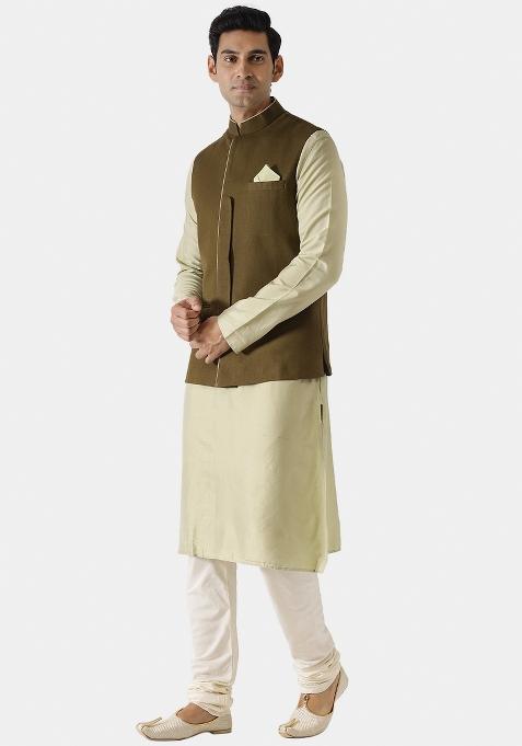 Green Solid Cotton Blend Nehru Jacket For Men