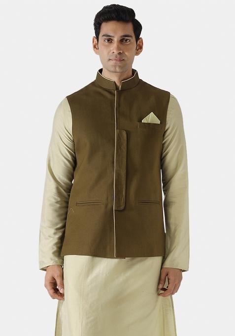Green Solid Cotton Blend Nehru Jacket For Men