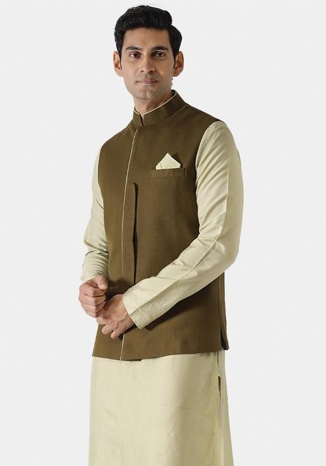 Green Solid Cotton Blend Nehru Jacket For Men