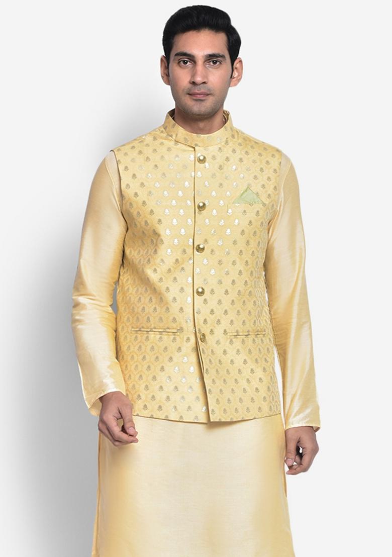 Gold Woven Design Silk Blend Nehru Jacket For Men