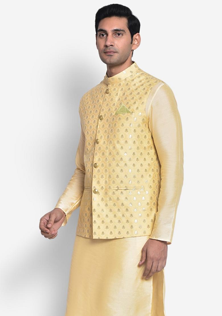 Gold Woven Design Silk Blend Nehru Jacket For Men