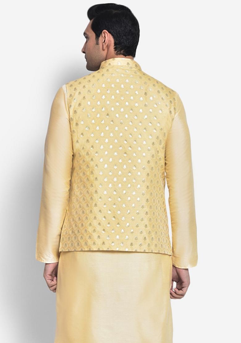 Gold Woven Design Silk Blend Nehru Jacket For Men