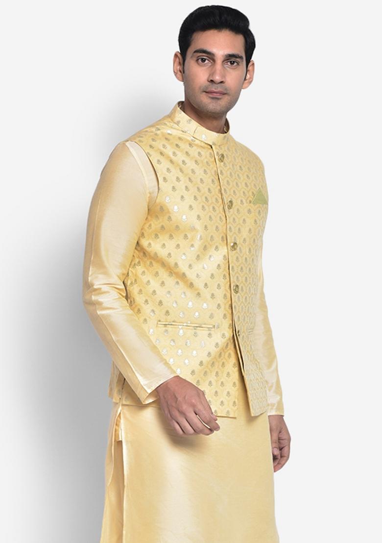 Gold Woven Design Silk Blend Nehru Jacket For Men