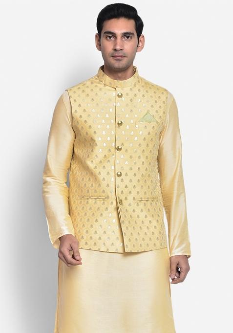 Gold Woven Design Silk Blend Nehru Jacket For Men