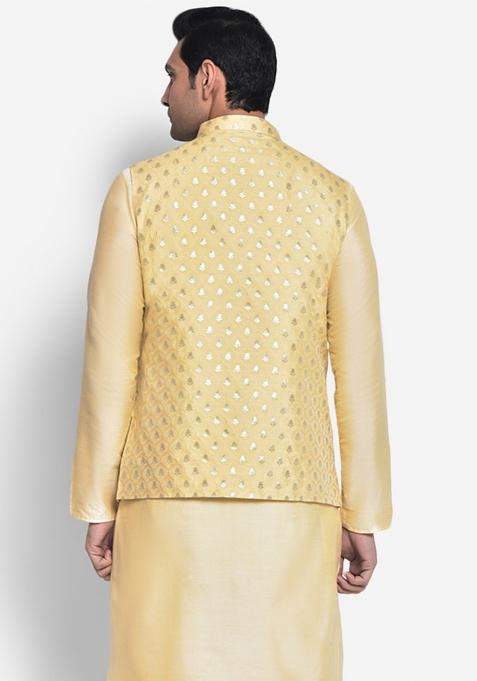 Gold Woven Design Silk Blend Nehru Jacket For Men