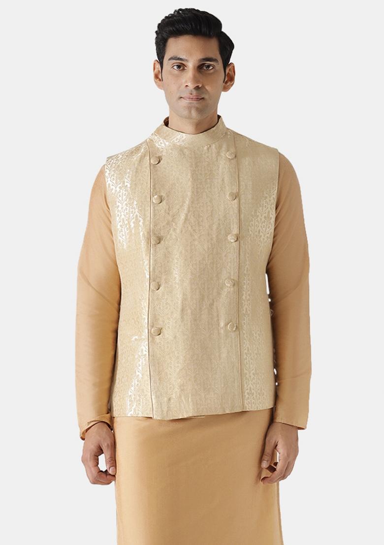 Gold Woven Design Silk Blend Nehru Jacket For Men