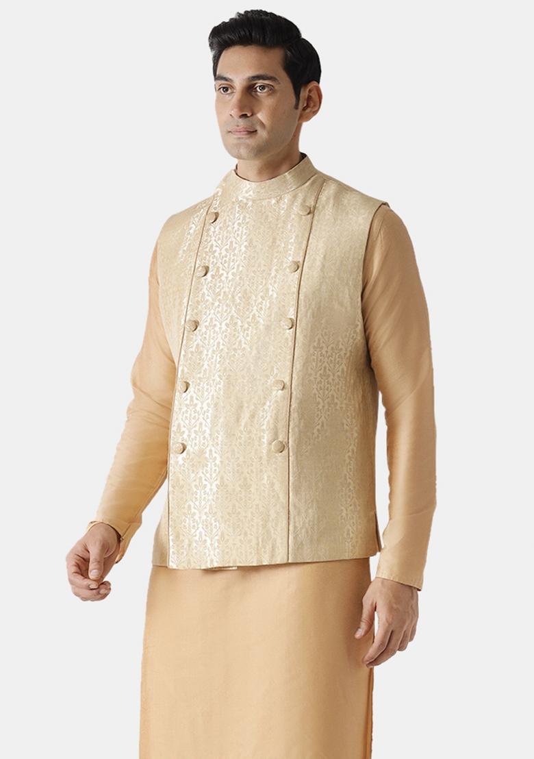 Gold Woven Design Silk Blend Nehru Jacket For Men