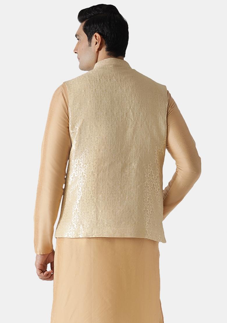 Gold Woven Design Silk Blend Nehru Jacket For Men