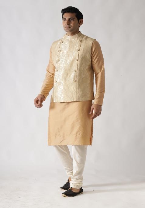 Gold Woven Design Silk Blend Nehru Jacket For Men