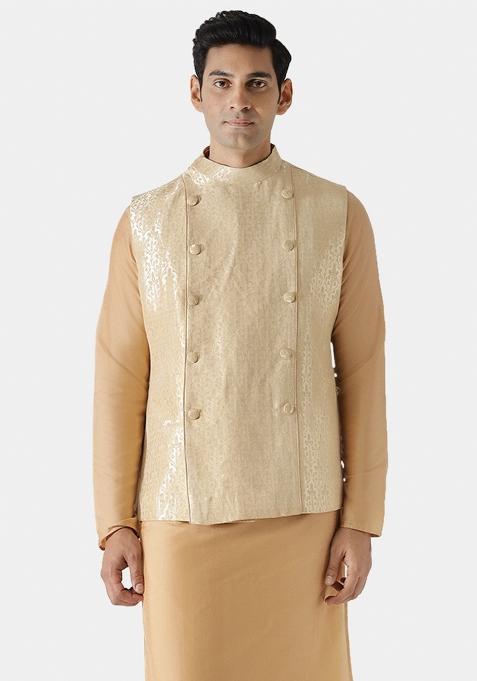 Gold Woven Design Silk Blend Nehru Jacket For Men
