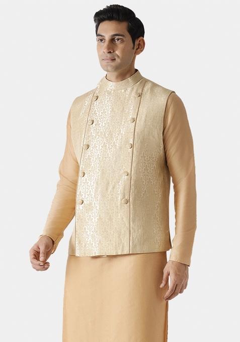 Gold Woven Design Silk Blend Nehru Jacket For Men