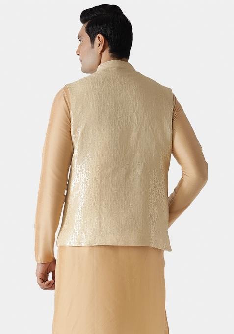Gold Woven Design Silk Blend Nehru Jacket For Men