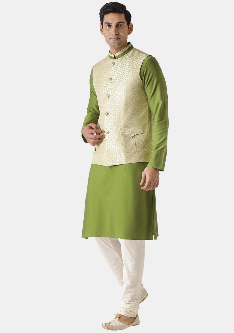 Cream Jacquard Silk Blend Nehru Jacket For Men