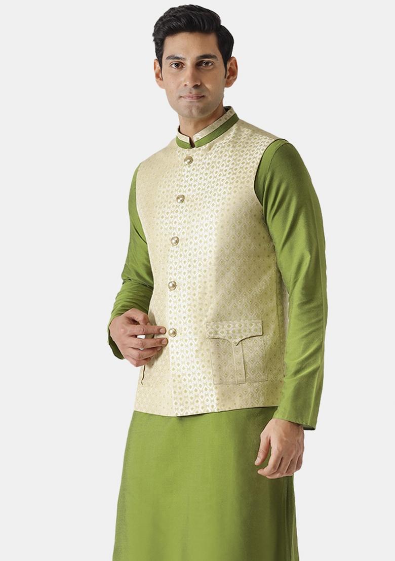 Cream Jacquard Silk Blend Nehru Jacket For Men