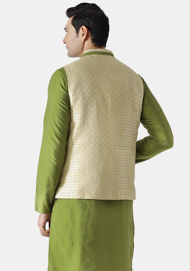Cream Jacquard Silk Blend Nehru Jacket For Men