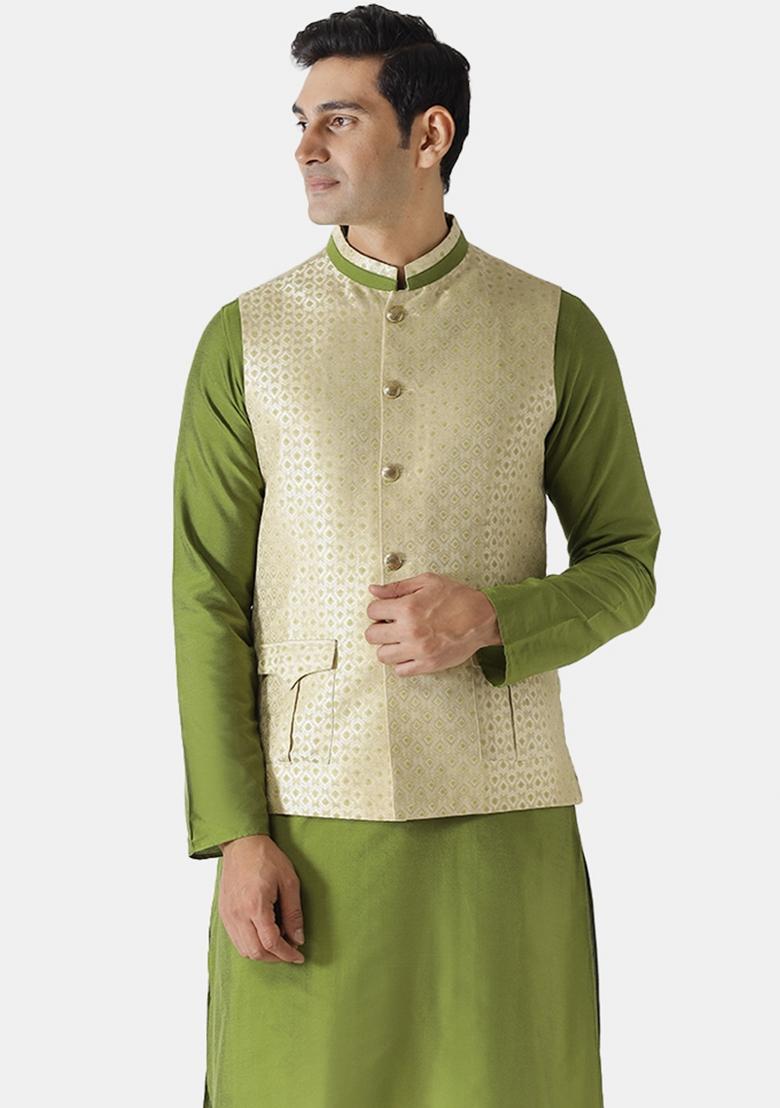 Cream Jacquard Silk Blend Nehru Jacket For Men