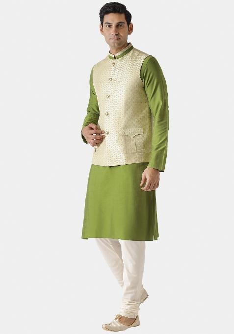 Cream Jacquard Silk Blend Nehru Jacket For Men