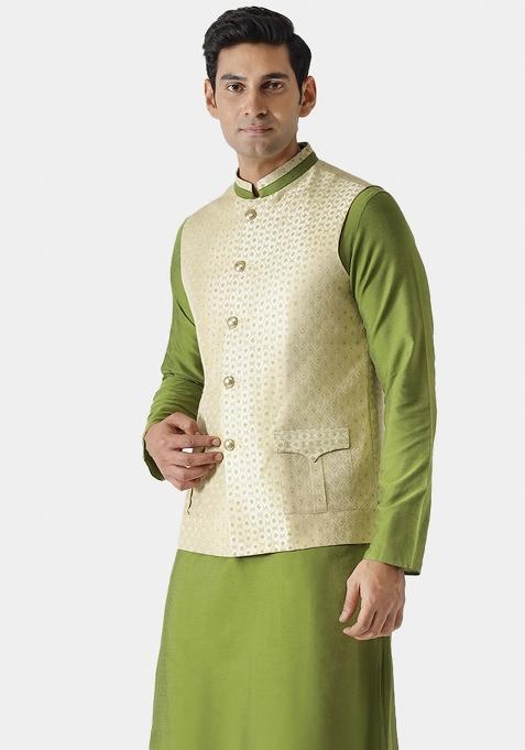 Cream Jacquard Silk Blend Nehru Jacket For Men