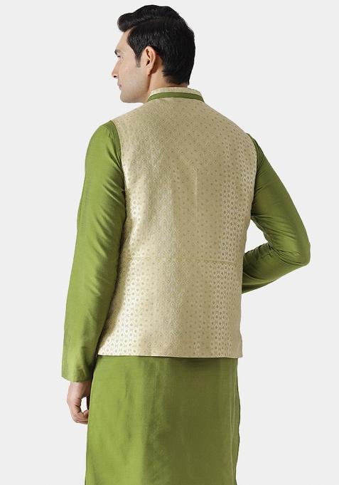 Cream Jacquard Silk Blend Nehru Jacket For Men