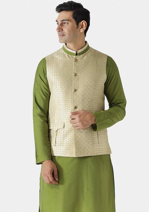 Cream Jacquard Silk Blend Nehru Jacket For Men