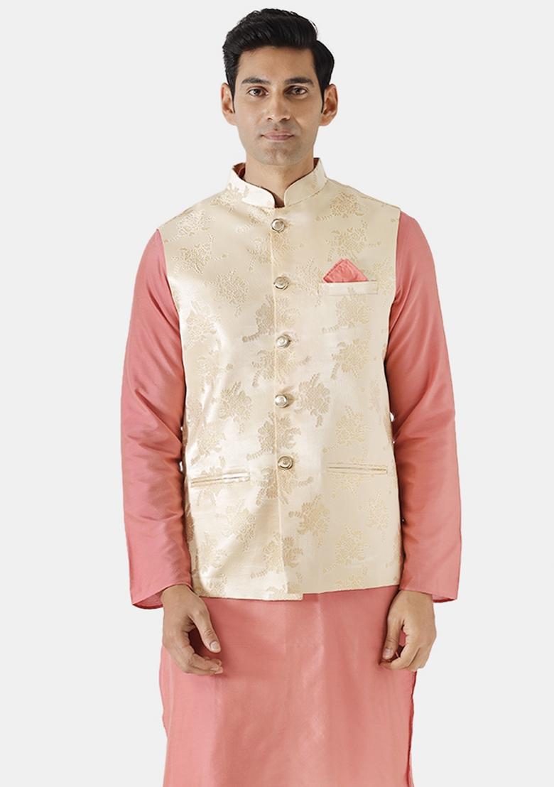 Cream Jacquard Silk Blend Nehru Jacket For Men