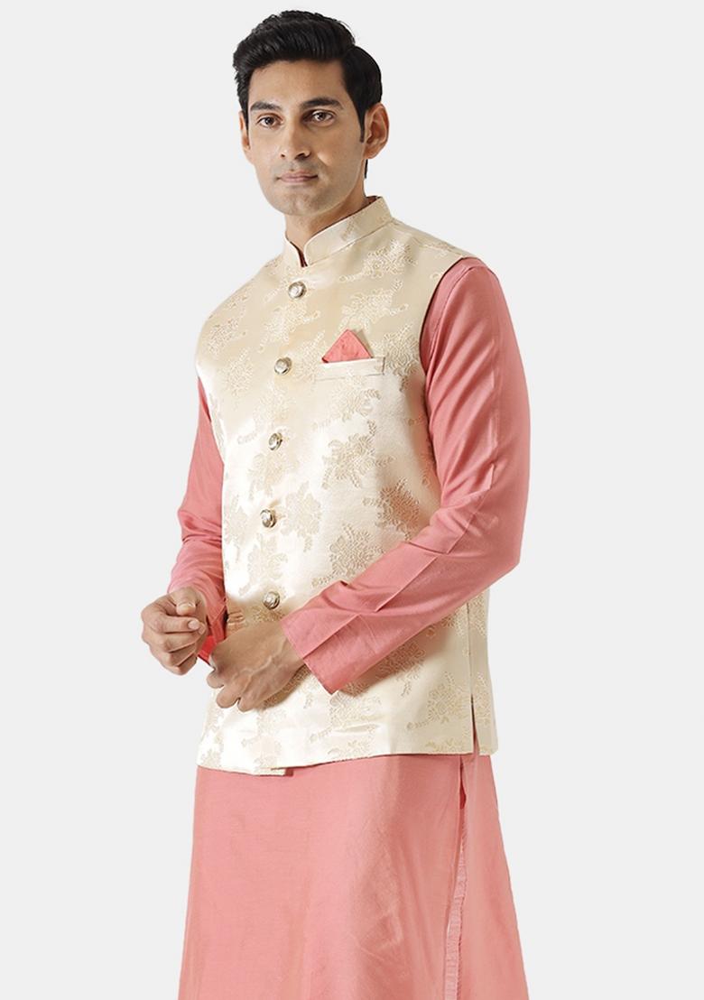 Cream Jacquard Silk Blend Nehru Jacket For Men