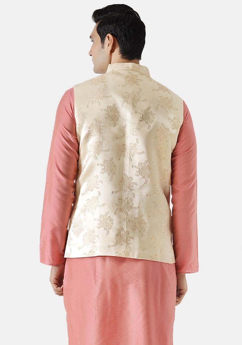 Cream Jacquard Silk Blend Nehru Jacket For Men