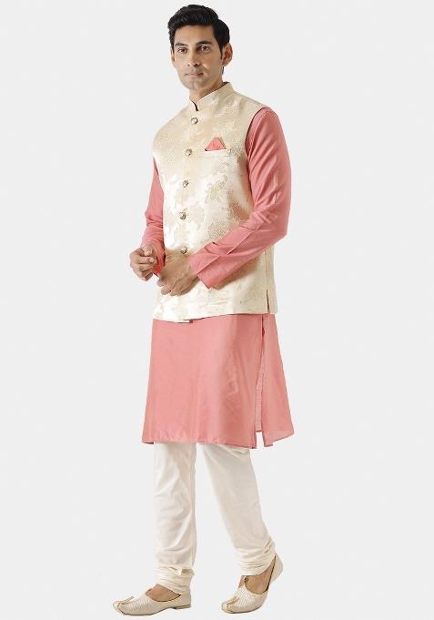 Cream Jacquard Silk Blend Nehru Jacket For Men