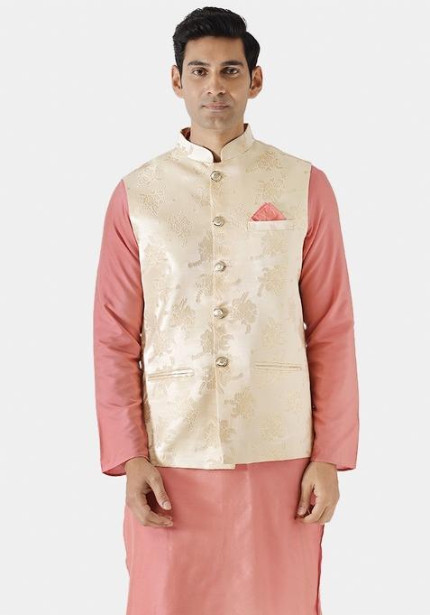 Cream Jacquard Silk Blend Nehru Jacket For Men