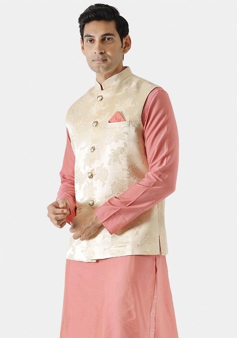 Cream Jacquard Silk Blend Nehru Jacket For Men