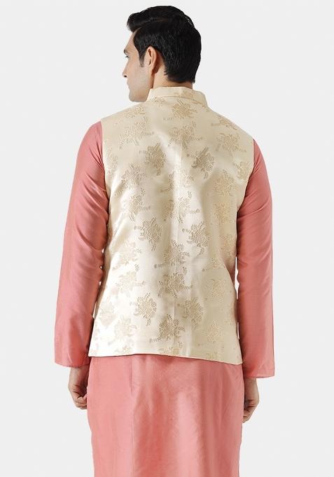 Cream Jacquard Silk Blend Nehru Jacket For Men