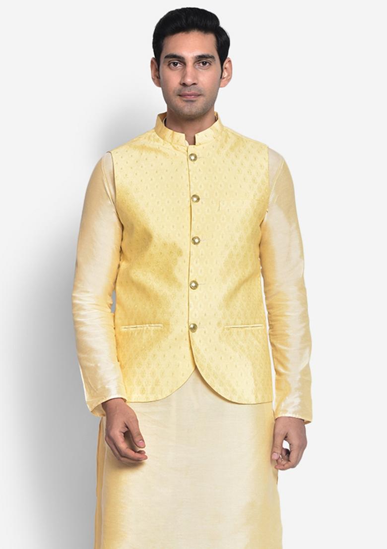 Yellow Solid Cotton Blend Nehru Jacket For Men