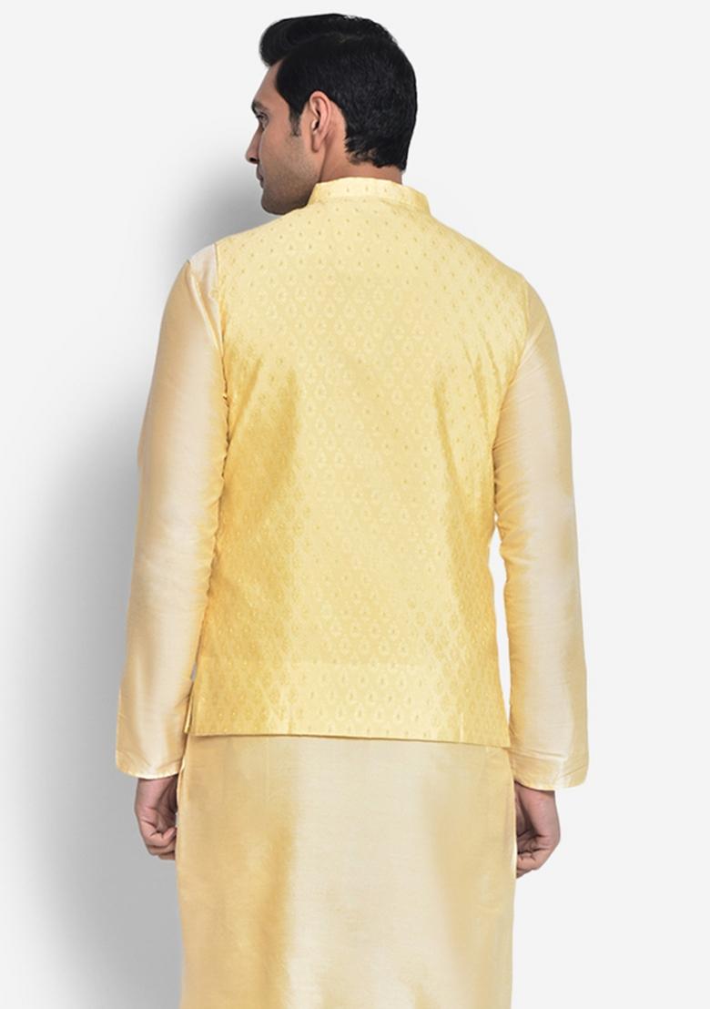 Yellow Solid Cotton Blend Nehru Jacket For Men