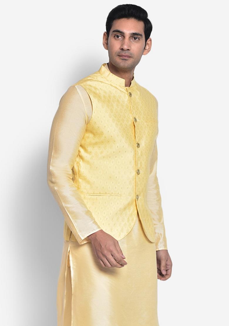 Yellow Solid Cotton Blend Nehru Jacket For Men