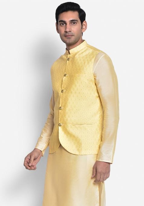 Yellow Solid Cotton Blend Nehru Jacket For Men