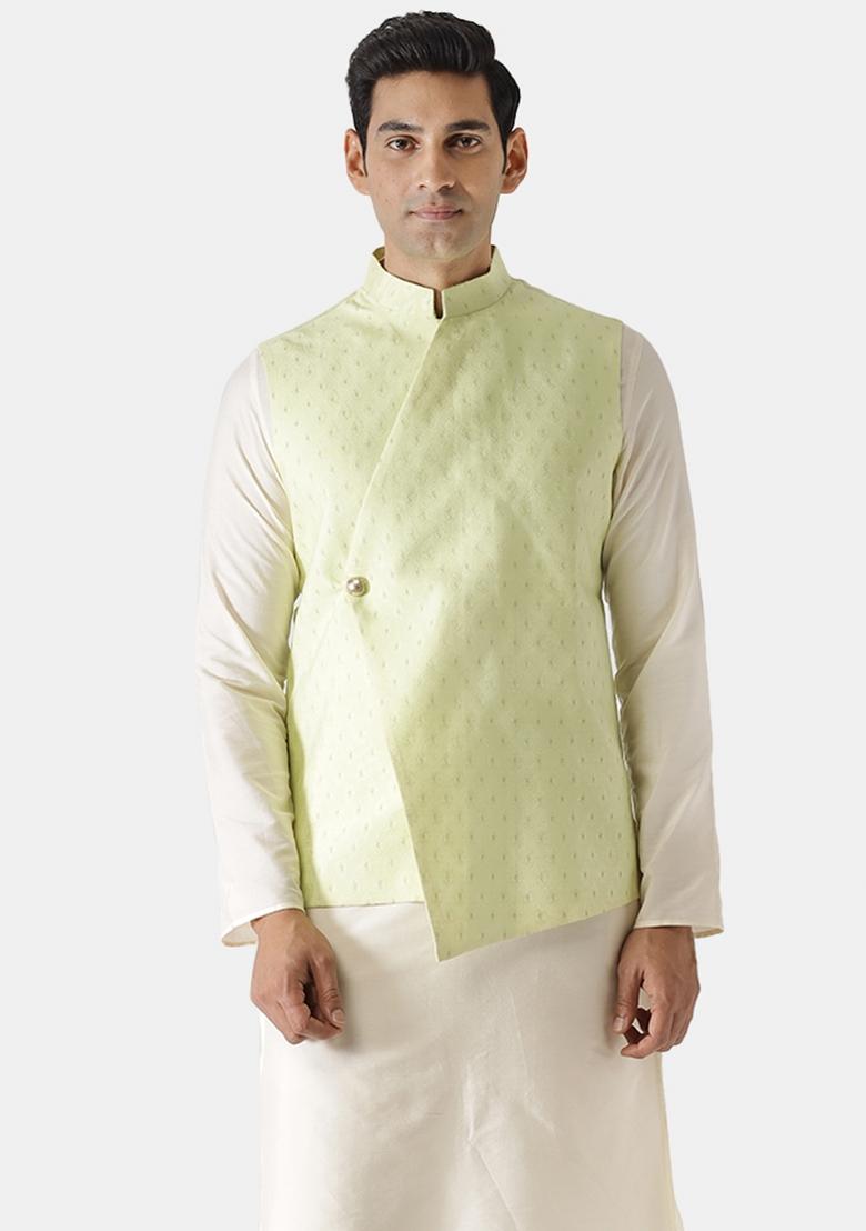 Green Woven Design Silk Blend Nehru Jacket For Men