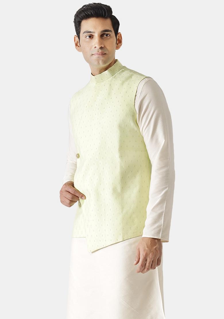 Green Woven Design Silk Blend Nehru Jacket For Men