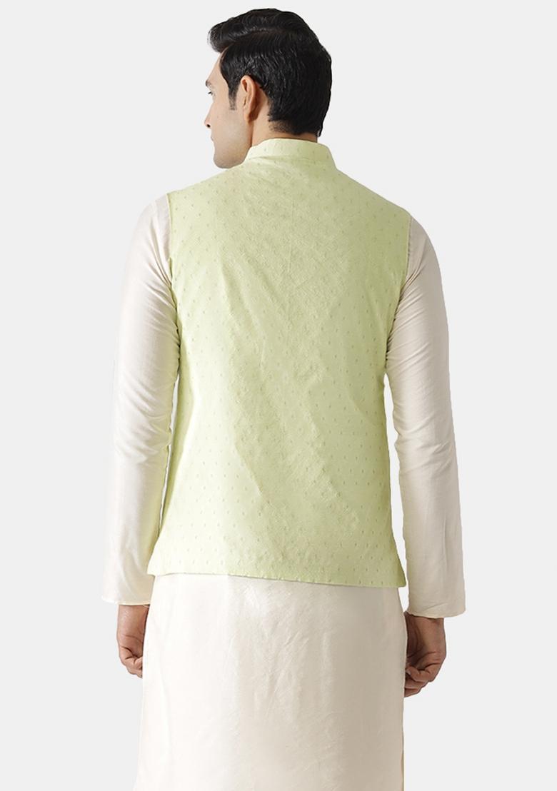 Green Woven Design Silk Blend Nehru Jacket For Men