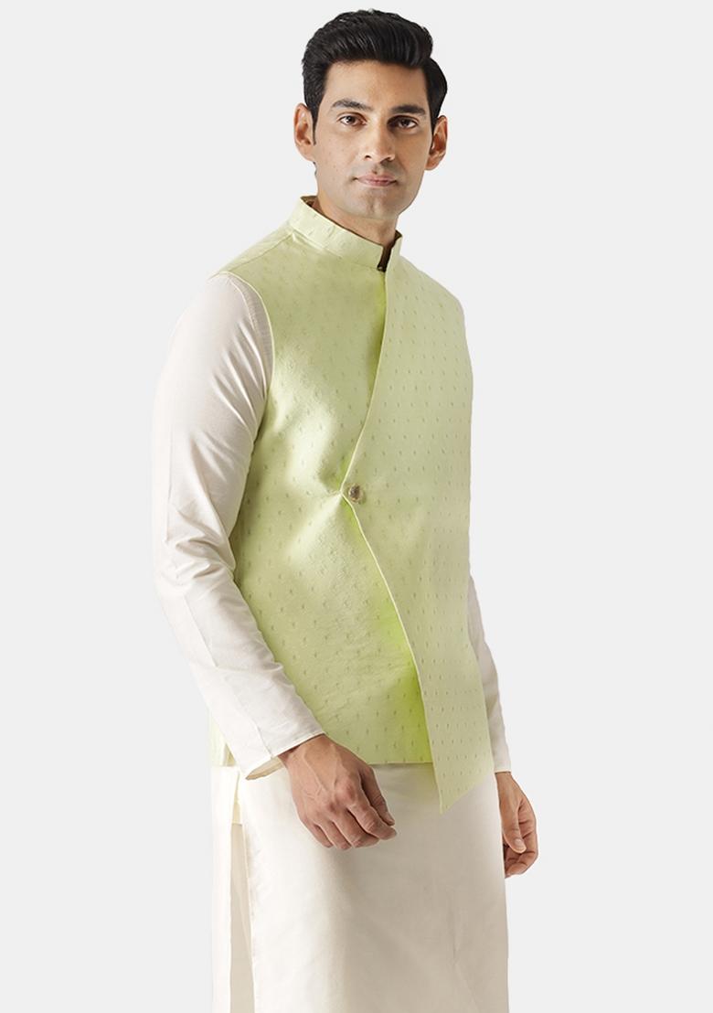 Green Woven Design Silk Blend Nehru Jacket For Men