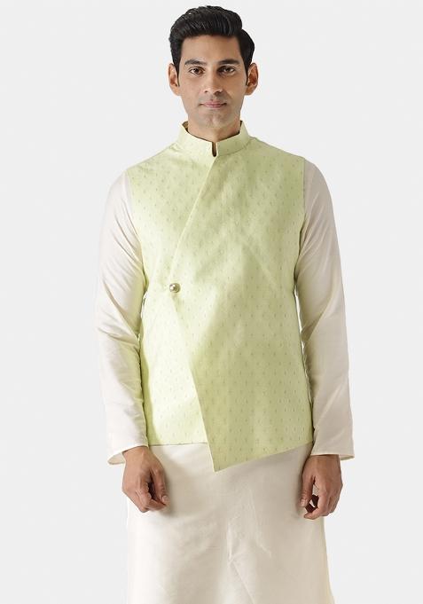 Green Woven Design Silk Blend Nehru Jacket For Men