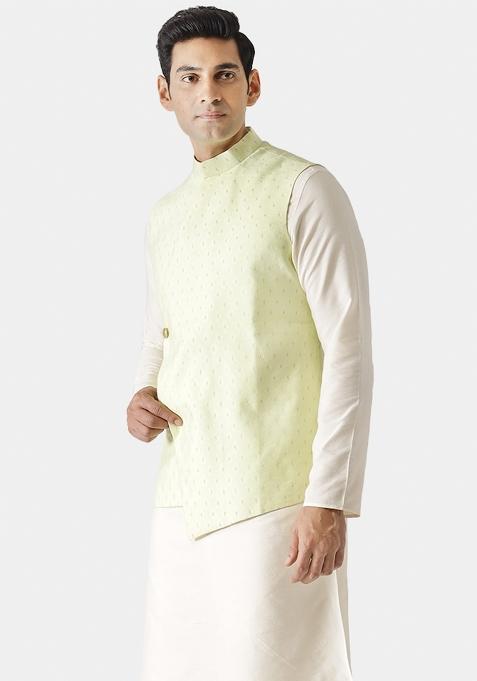Green Woven Design Silk Blend Nehru Jacket For Men