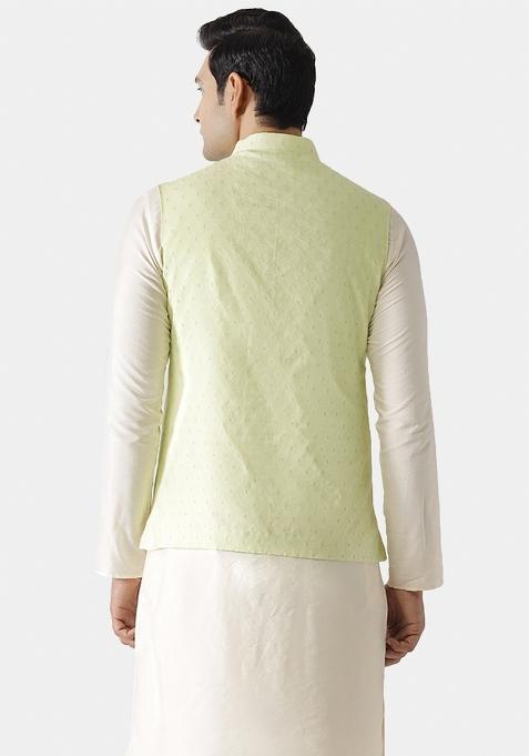 Green Woven Design Silk Blend Nehru Jacket For Men