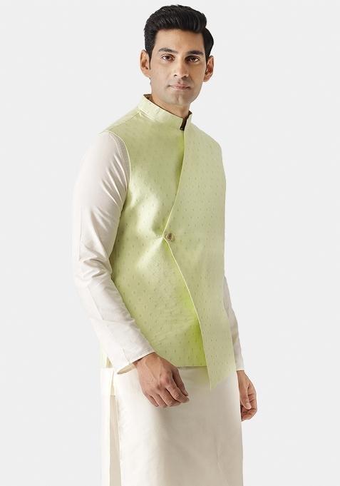 Green Woven Design Silk Blend Nehru Jacket For Men
