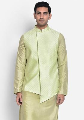 Green Woven Design Silk Blend Nehru Jacket For Men